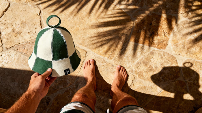 Post-workout photo with a Koala merino wool sauna hat and strong legs