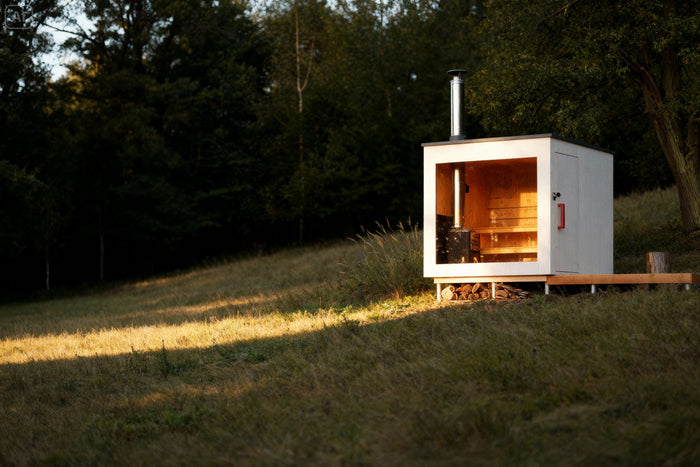 A premium lifestyle photo of a quiet modern timber sauna in nature