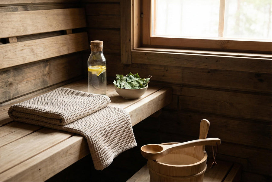 Close-up of a wooden sauna bench with folded towels, water bucket, and ladle beside a window, highlighting a relaxing sauna setup.