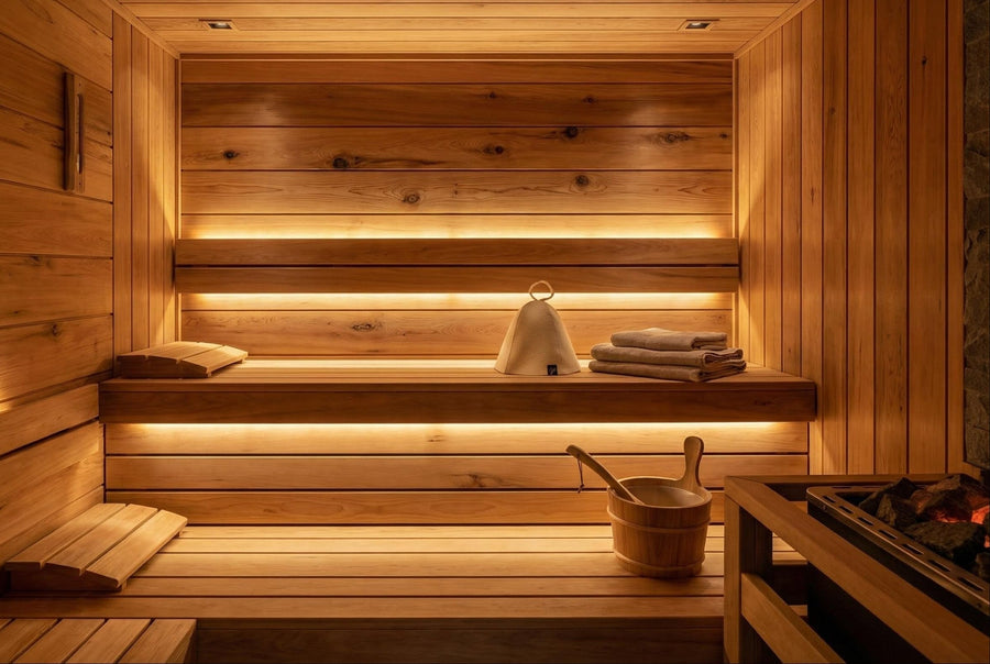 Brightly lit modern sauna with pale timber walls, long wooden benches, stone heater, Koala wool sauna hat resting on bench next to towels.