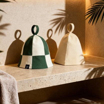 Two Koala Hats premium sauna hats made from 100% Australian merino wool, featuring a natural wool sauna hat and a green checkered sauna hat, displayed on a stone bench in warm light, showcasing Koala Hats for head heat regulation, scalp protection, and longer, more comfortable sauna sessions.