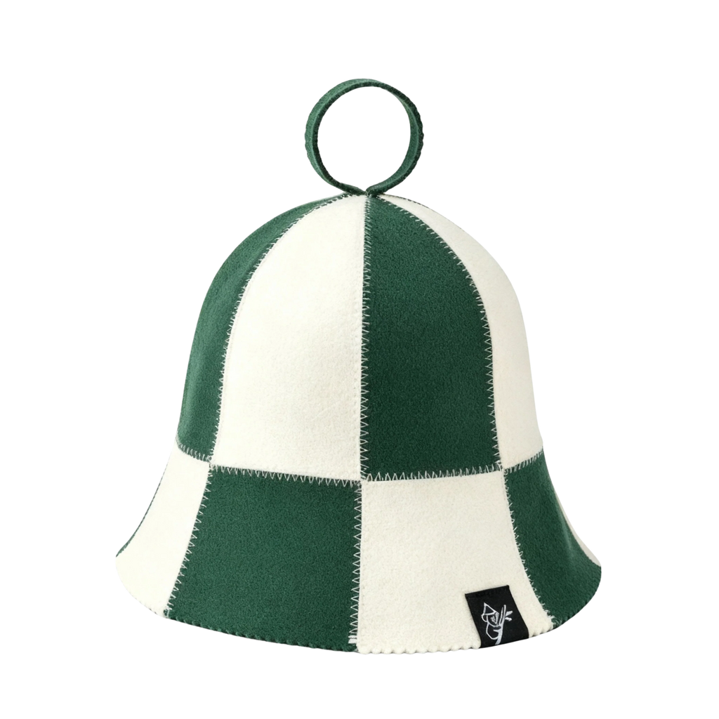 Checkered Koala Sauna Hat made from 100% Australian merino wool — green and cream bell-shaped sauna hat with zigzag stitching and loop handle