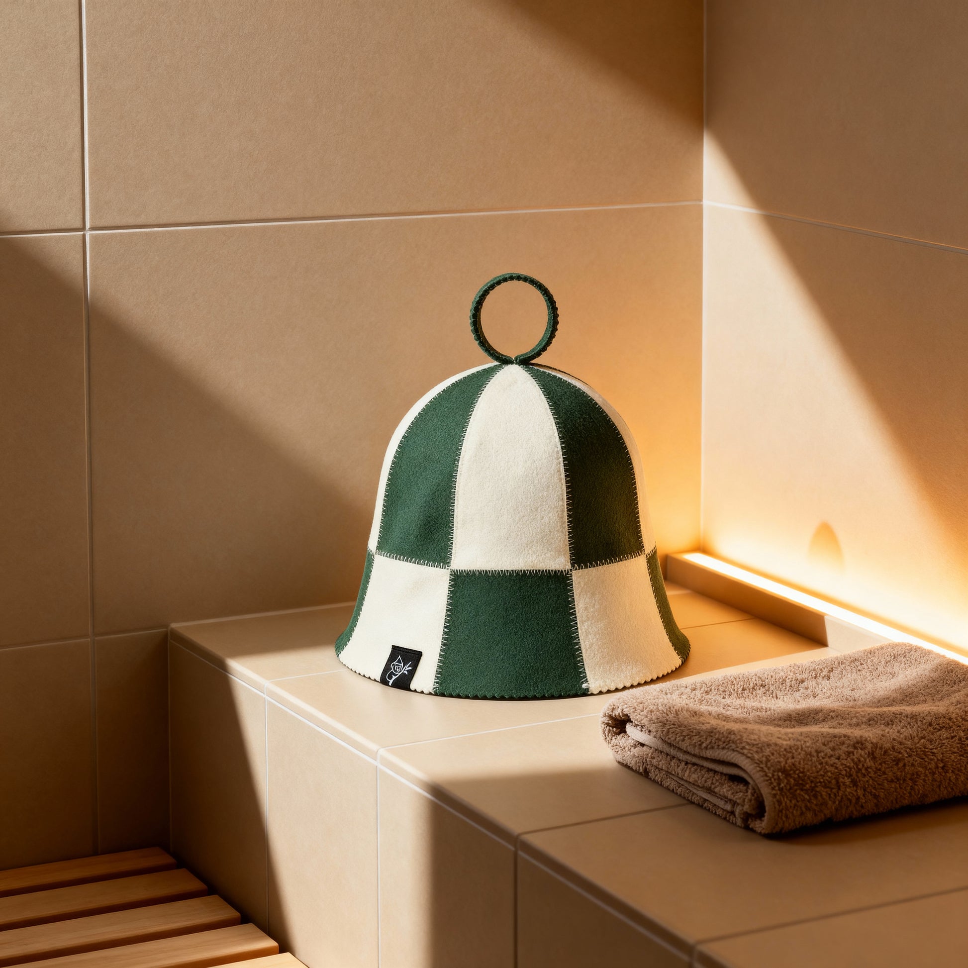 Koala Hats green and natural checkered sauna hat made from 100% Australian merino wool, placed on a tiled sauna bench beside a folded towel, designed to regulate head temperature, protect hair and scalp, and help users stay in the sauna longer with greater comfort.