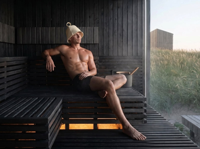 Person wearing the Koala Sauna Hat in a sauna